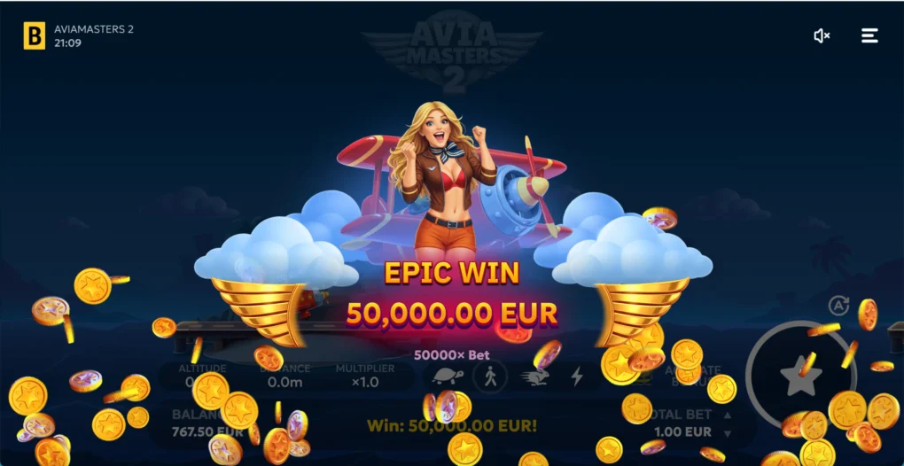 Aviamasters 2 epic win animation with falling coins