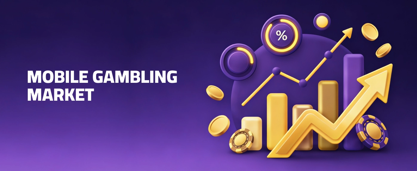 Mobile gambling market growth illustration with charts and coins