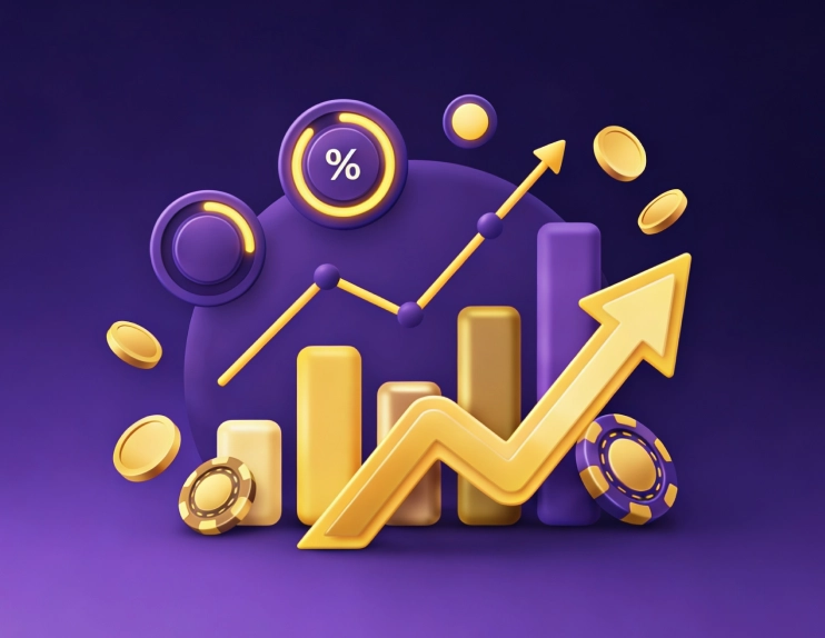 3D illustration of gambling market growth with chart and coins