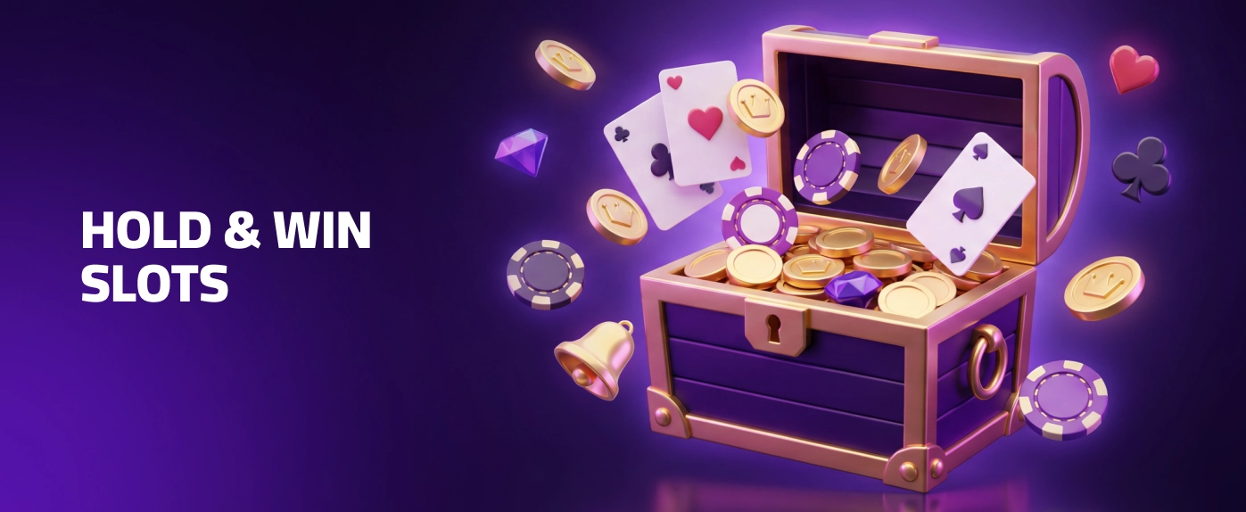 Ilustração de caça-níqueis Hold and Win com baú de tesouro, moedas, cartas e fichas de cassino