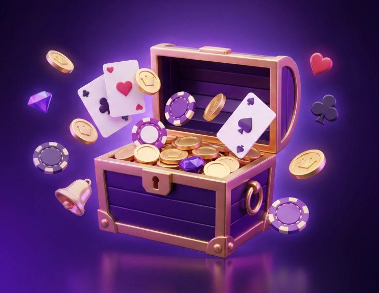 Treasure chest filled with coins and casino symbols representing Hold and Win slot mechanics