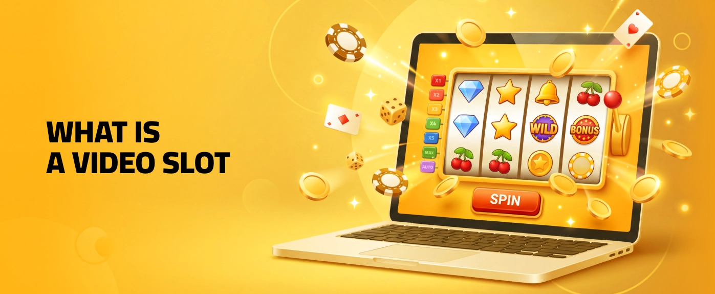 What is a video slot illustration showing an online slot game on a laptop