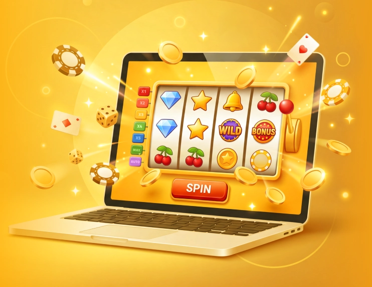 Illustration of an online video slot game on a laptop with casino symbols and coins