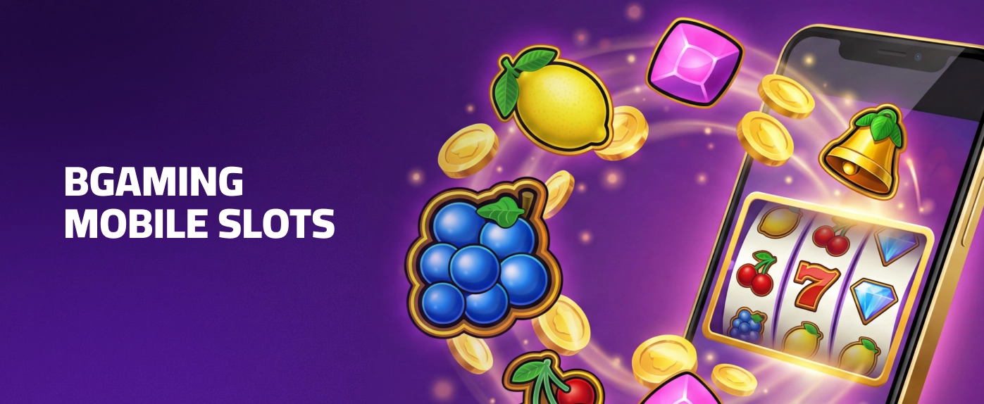 BGaming mobile slots illustration featuring a smartphone with slot reels and casino symbols