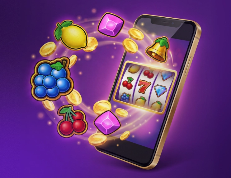 Smartphone displaying a mobile slot game with casino symbols and coins